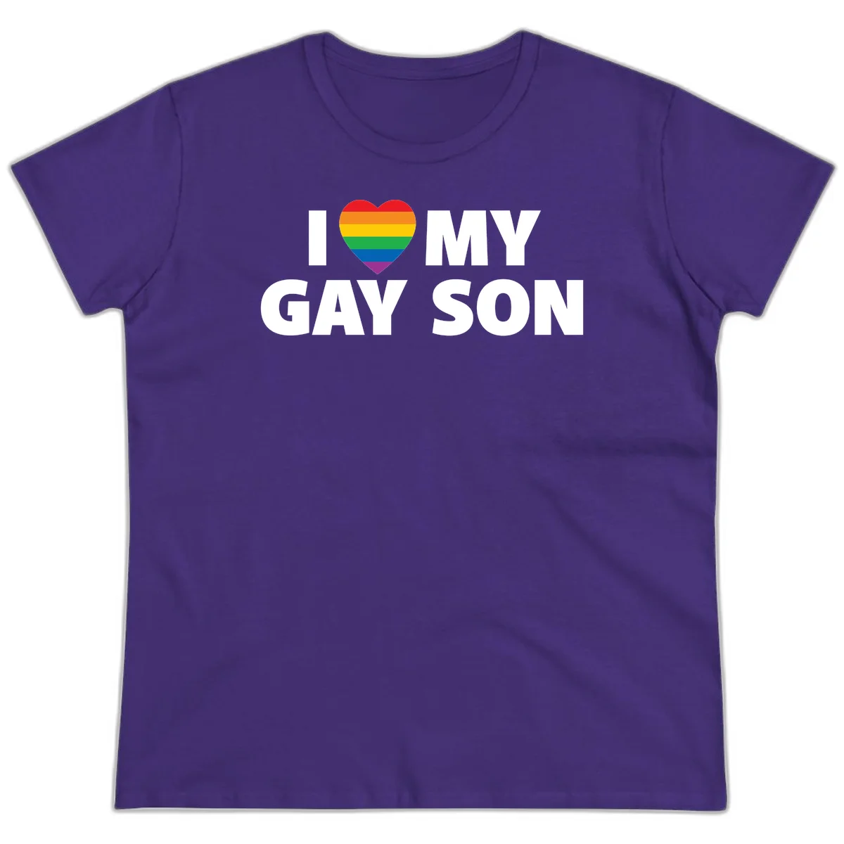 White text reading 'I love my gay son' with a rainbow pride heart symbol on gray background in Purple