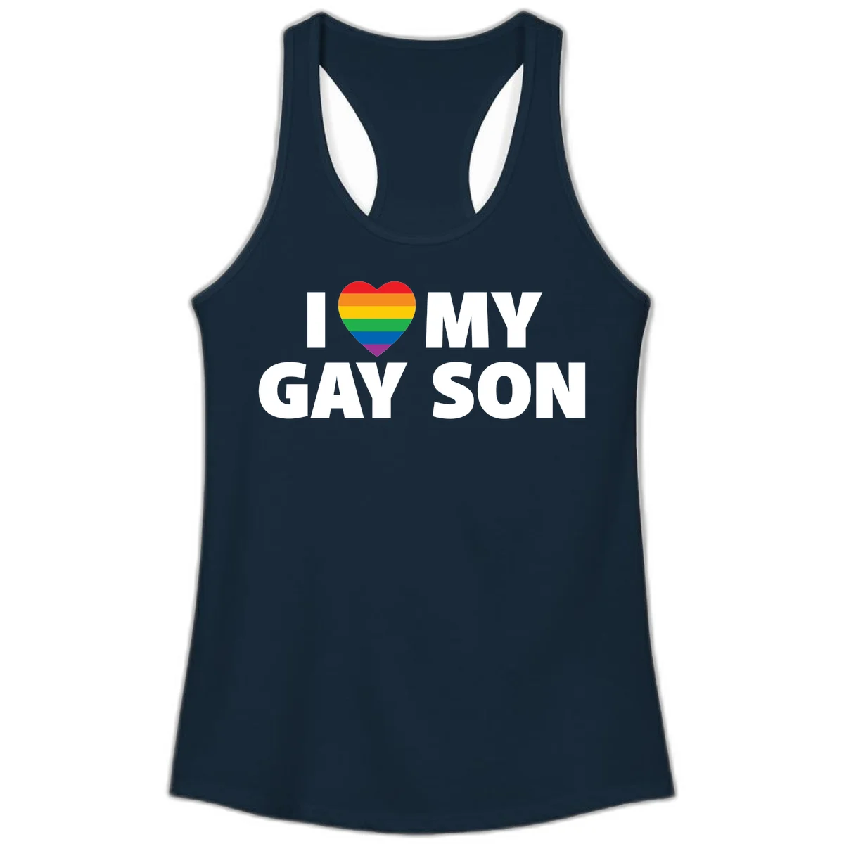 White text reading 'I love my gay son' with a rainbow pride heart symbol on gray background in Solid Midnight Navy