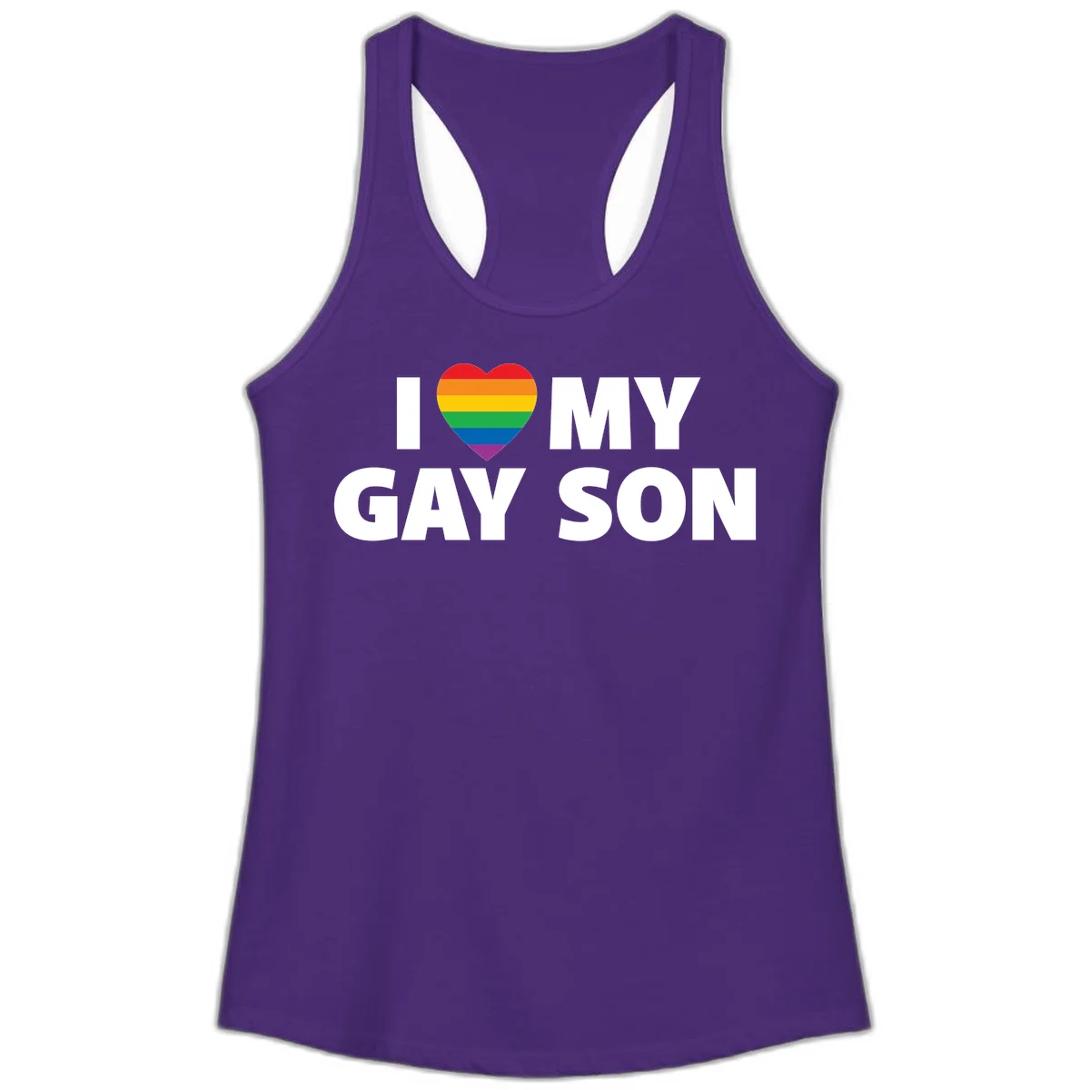 White text reading 'I love my gay son' with a rainbow pride heart symbol on gray background in Solid Purple Rush