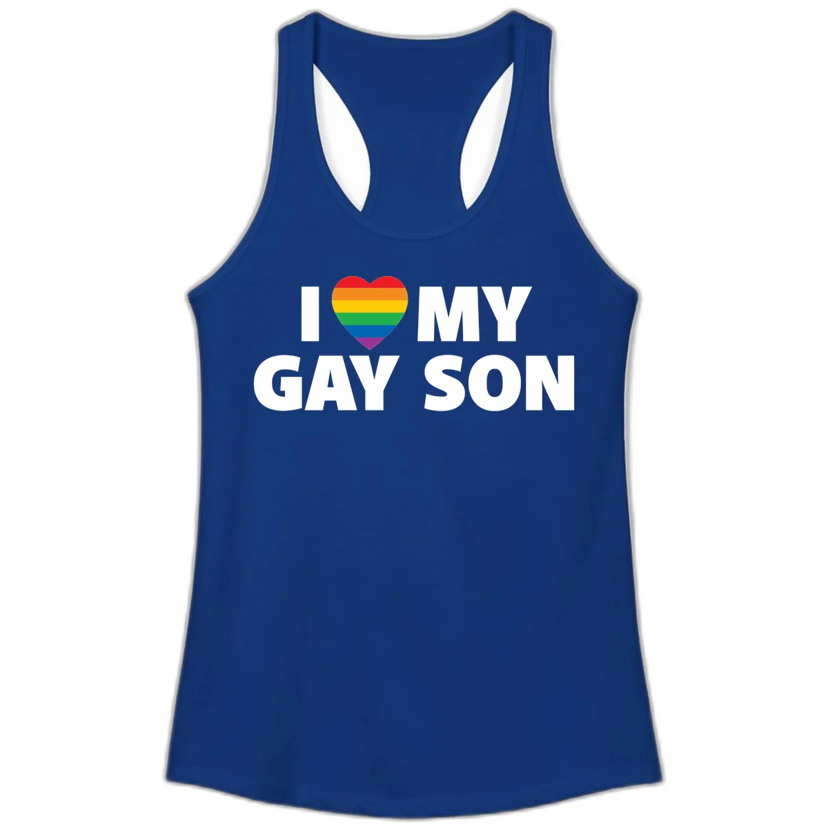 White text reading 'I love my gay son' with a rainbow pride heart symbol on gray background in Solid Royal