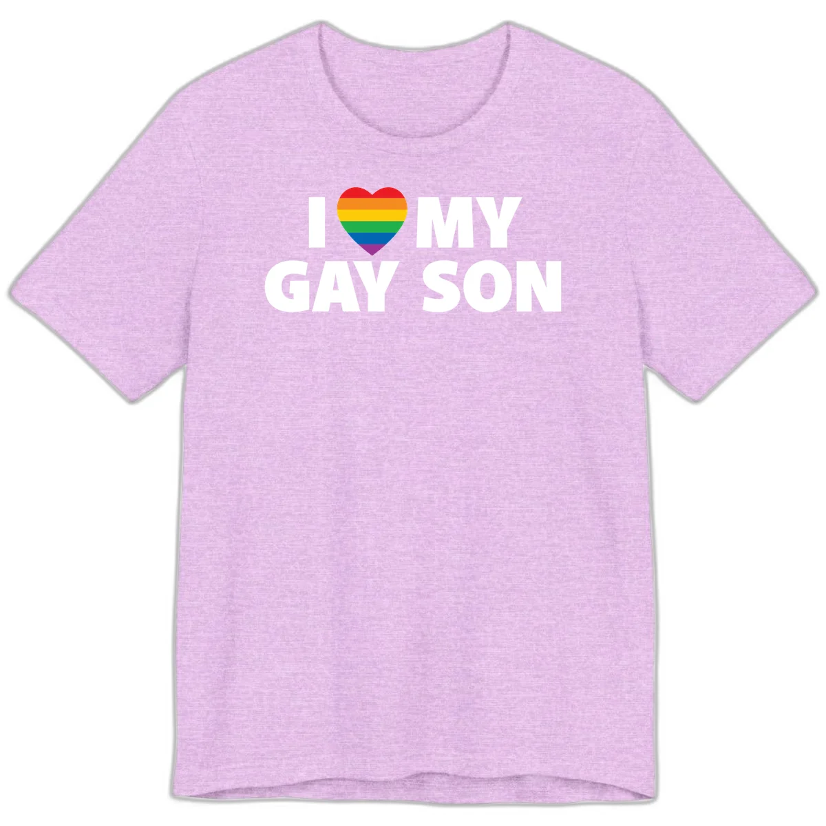 White text reading 'I love my gay son' with a rainbow pride heart symbol on gray background in Heather Prism Lilac