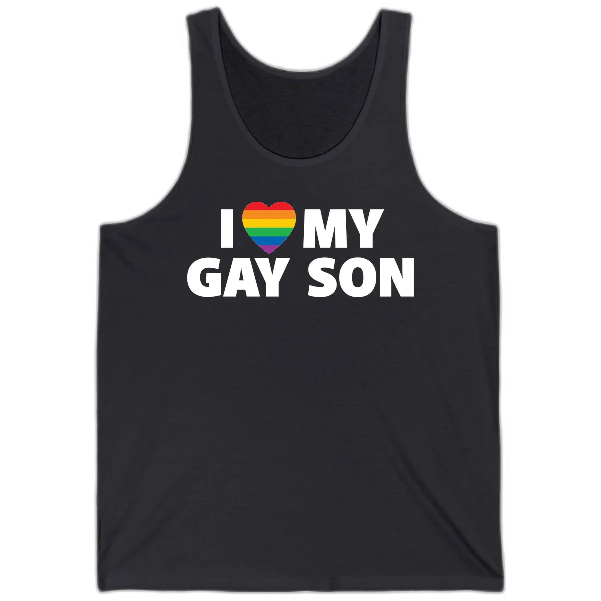 White text reading 'I love my gay son' with a rainbow pride heart symbol on gray background in Dark Grey