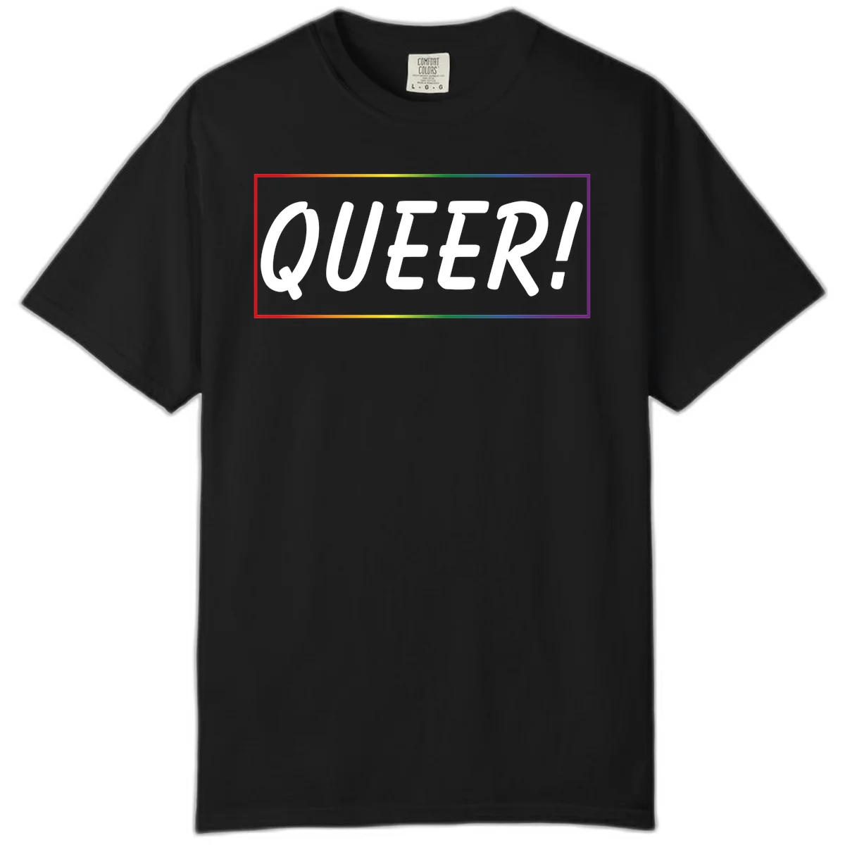 White bold text reading 'QUEER!' on gray background with rainbow gradient border representing pride colors in Black