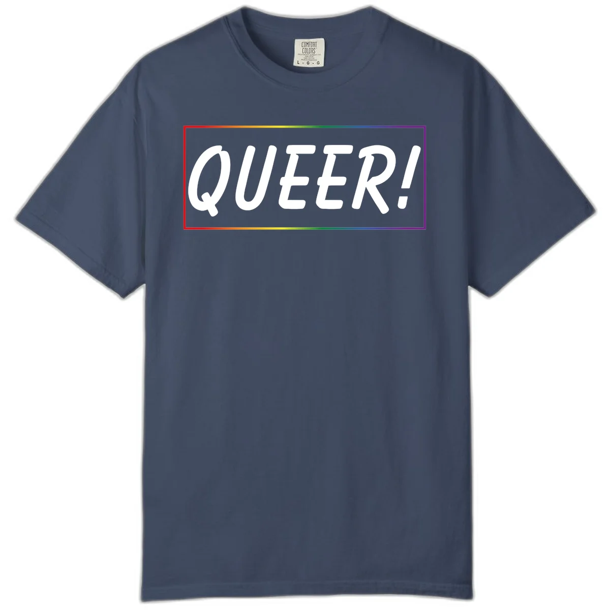 White bold text reading 'QUEER!' on gray background with rainbow gradient border representing pride colors in Midnight