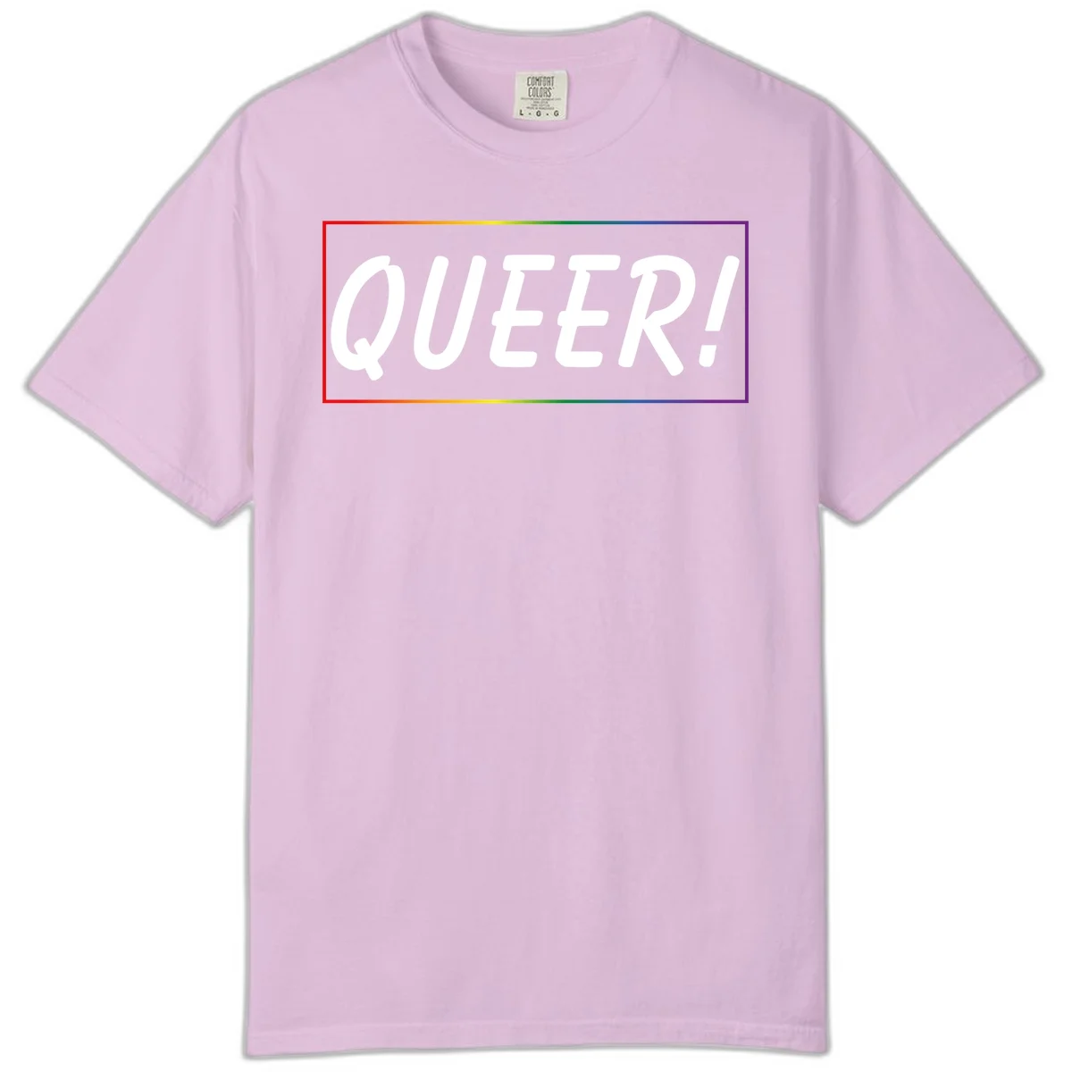 White bold text reading 'QUEER!' on gray background with rainbow gradient border representing pride colors in Orchid