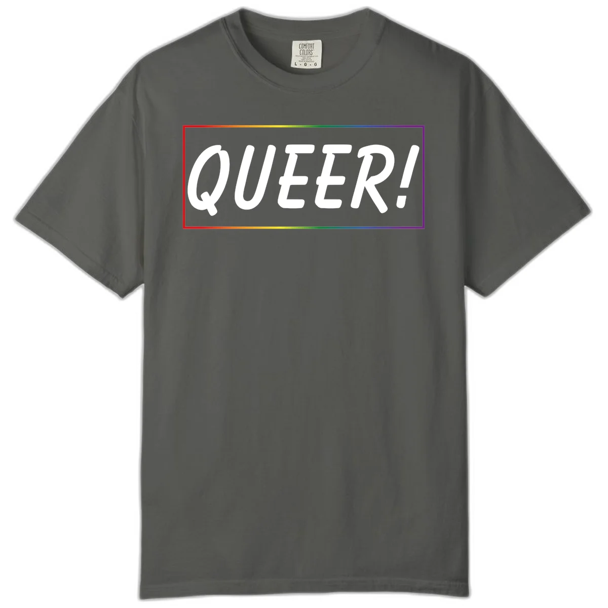 White bold text reading 'QUEER!' on gray background with rainbow gradient border representing pride colors in Pepper
