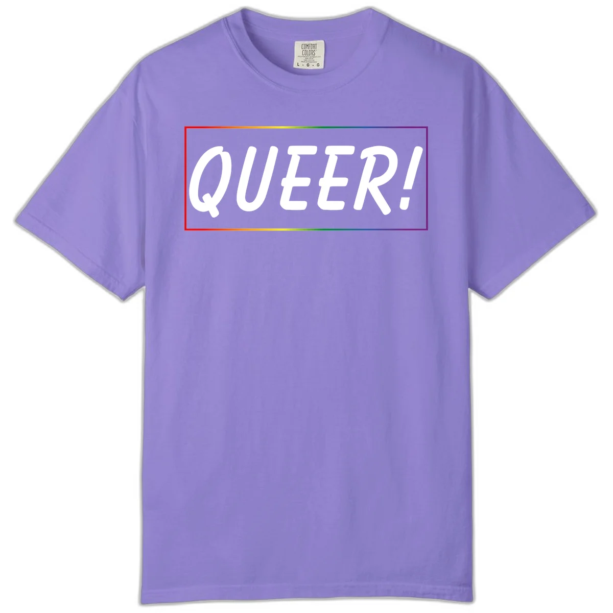 White bold text reading 'QUEER!' on gray background with rainbow gradient border representing pride colors in Violet