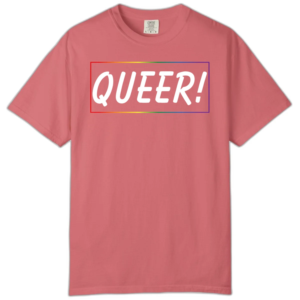 White bold text reading 'QUEER!' on gray background with rainbow gradient border representing pride colors in Watermelon