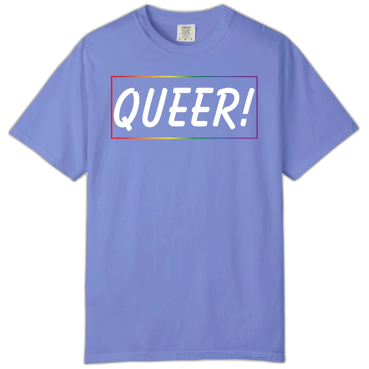 White bold text reading 'QUEER!' on gray background with rainbow gradient border representing pride colors in Flo Blue