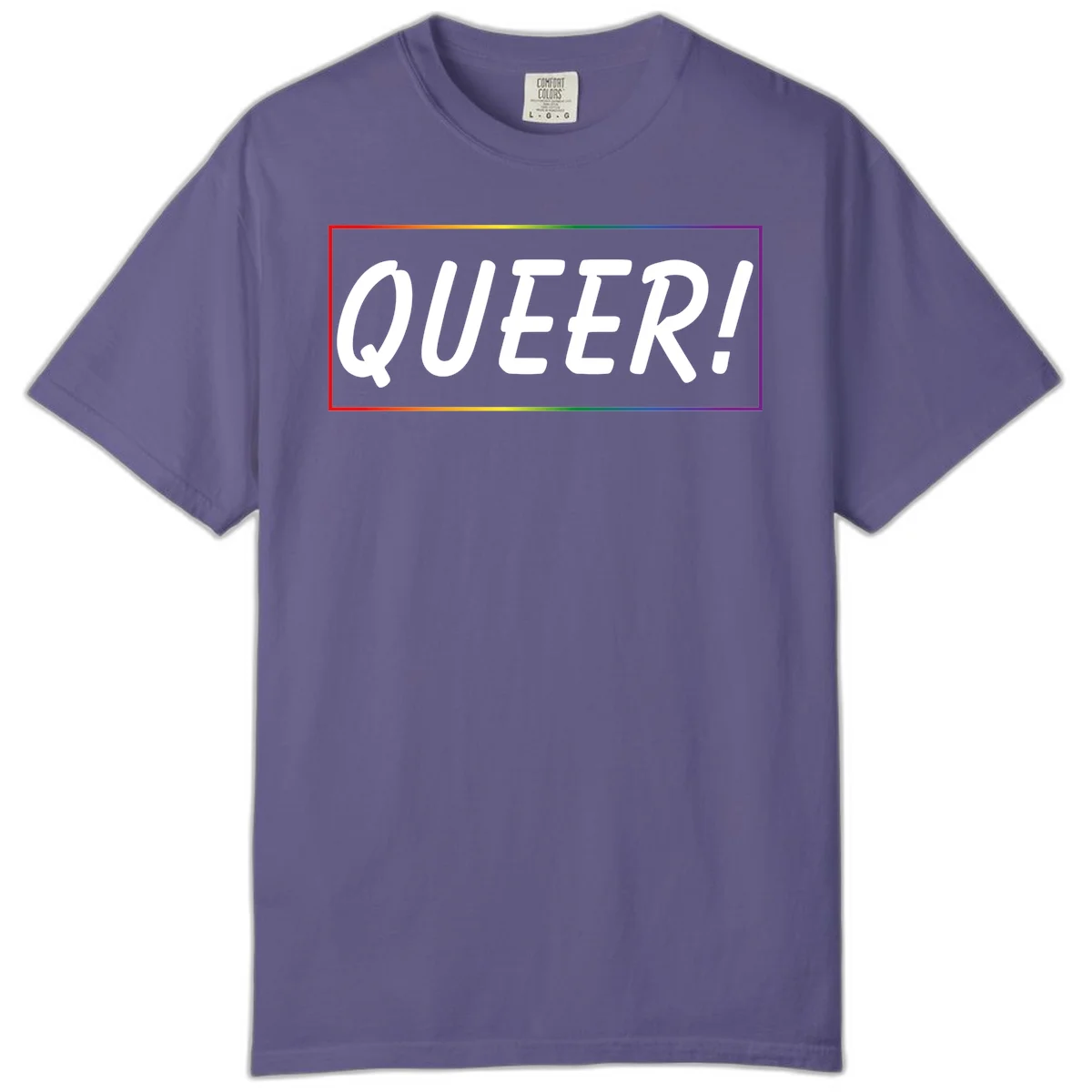 White bold text reading 'QUEER!' on gray background with rainbow gradient border representing pride colors in Grape
