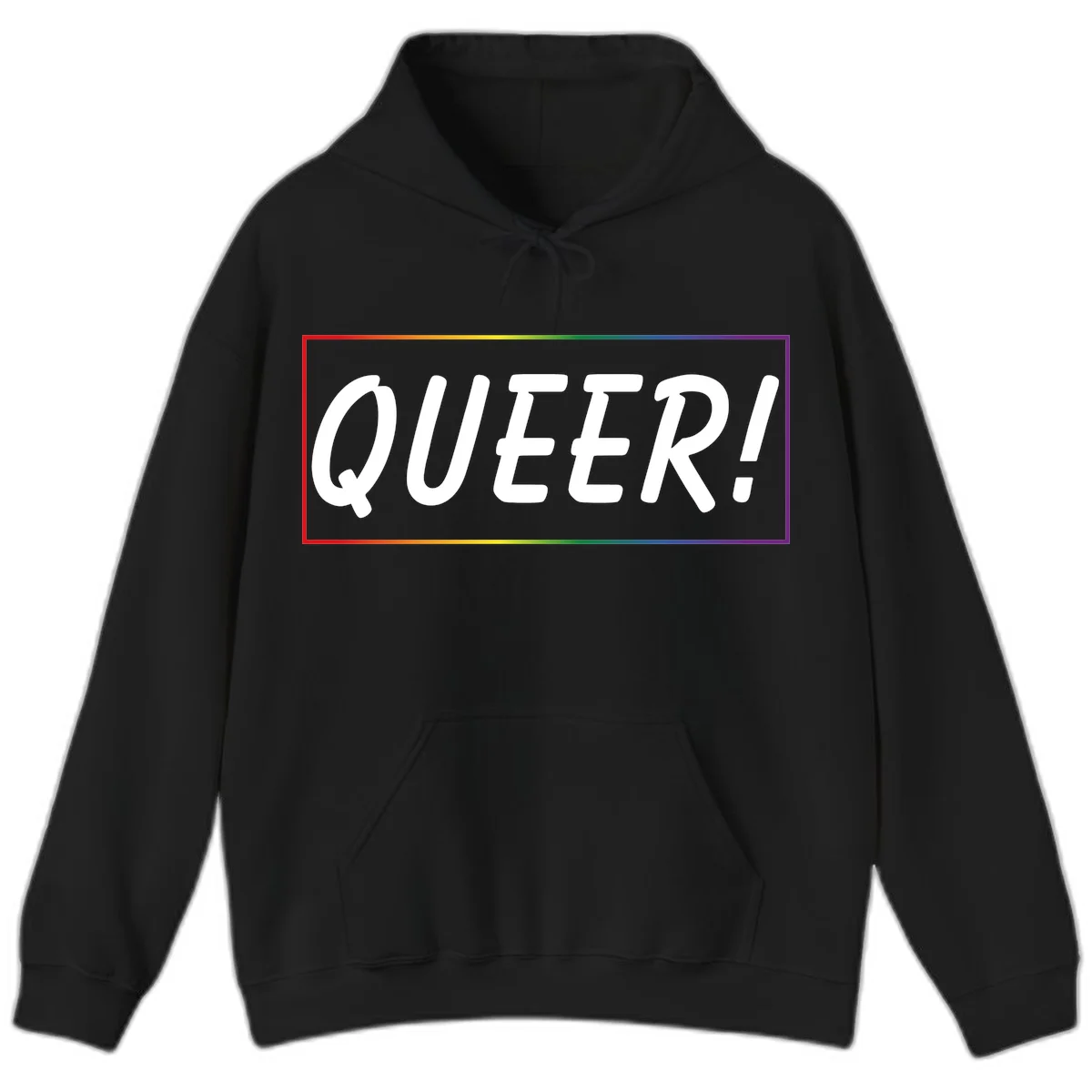 White bold text reading 'QUEER!' on gray background with rainbow gradient border representing pride colors in Black