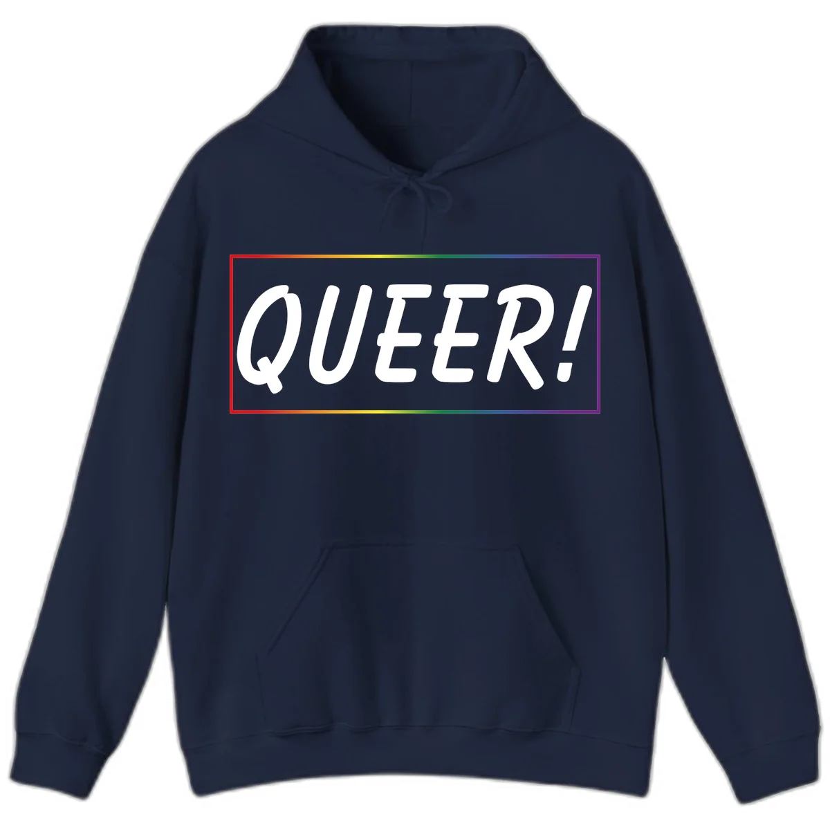 White bold text reading 'QUEER!' on gray background with rainbow gradient border representing pride colors in Navy