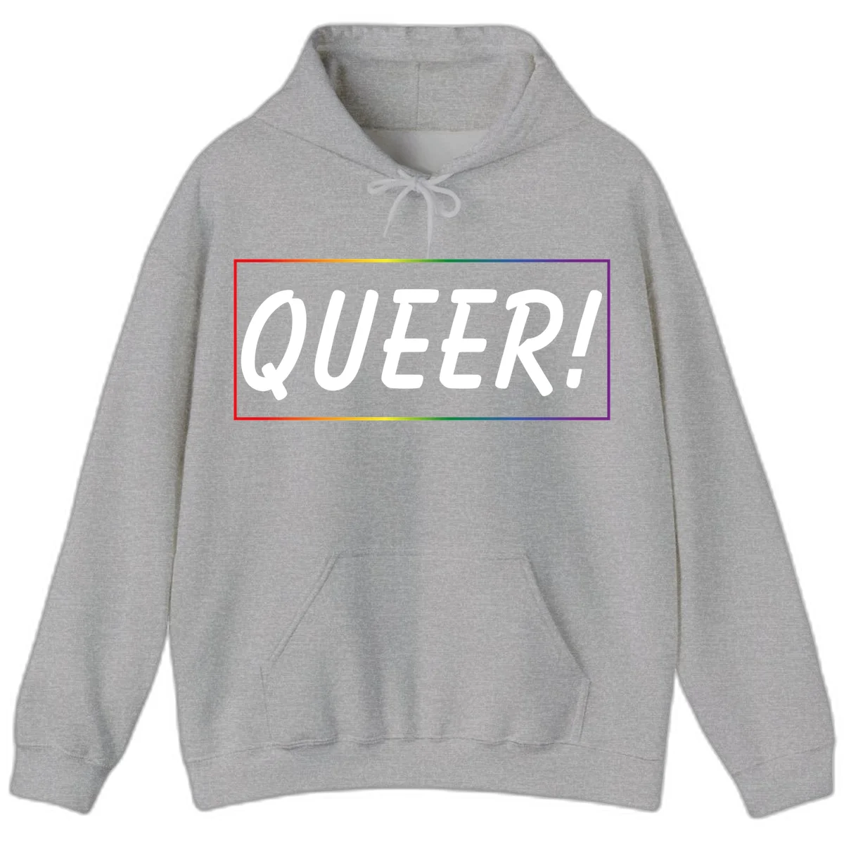 White bold text reading 'QUEER!' on gray background with rainbow gradient border representing pride colors in Sport Grey