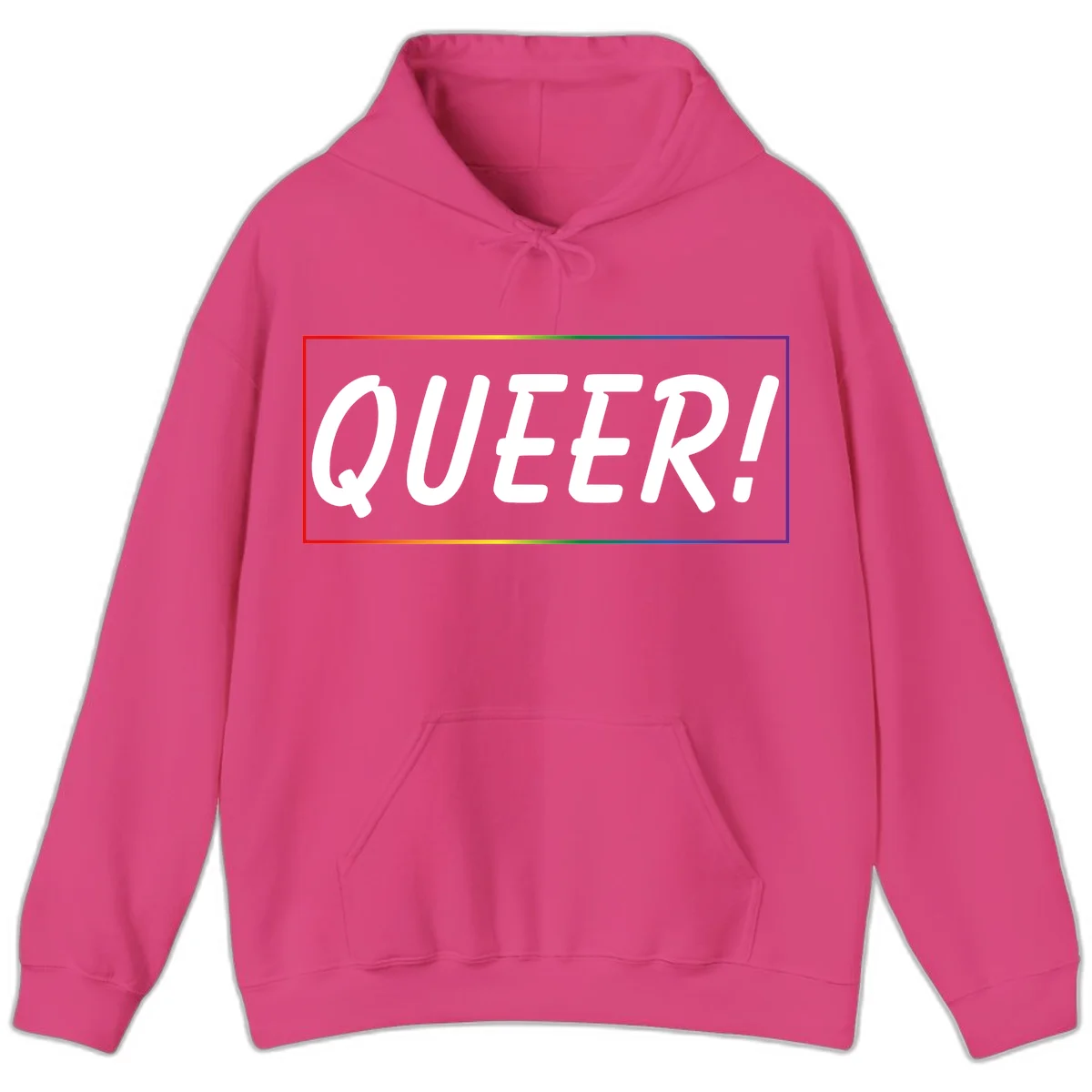 White bold text reading 'QUEER!' on gray background with rainbow gradient border representing pride colors in Heliconia