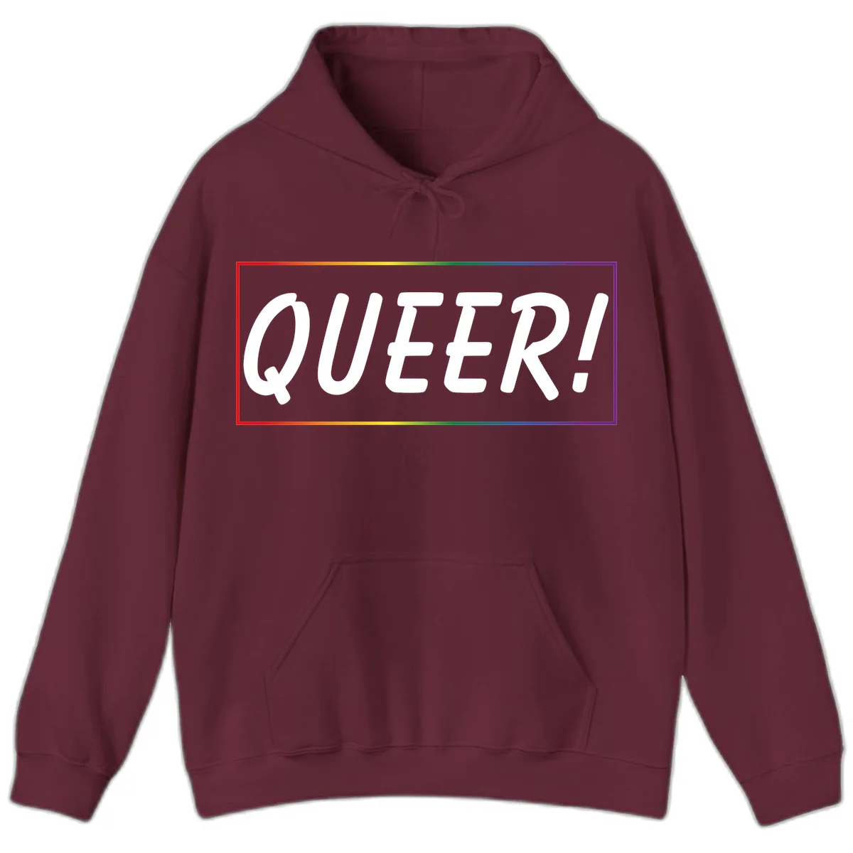 White bold text reading 'QUEER!' on gray background with rainbow gradient border representing pride colors in Maroon