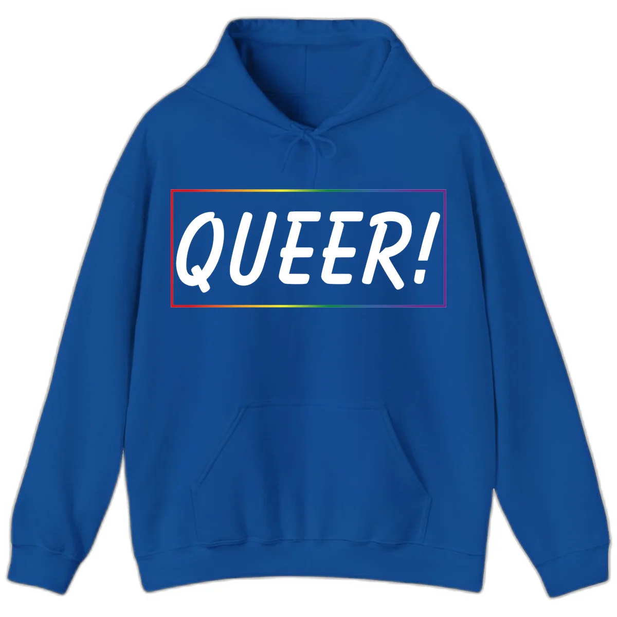White bold text reading 'QUEER!' on gray background with rainbow gradient border representing pride colors in Royal