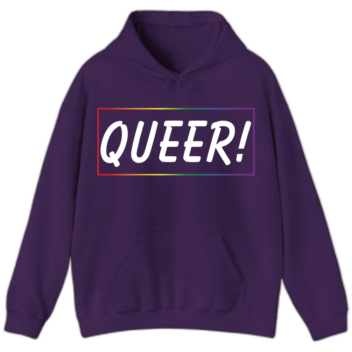 White bold text reading 'QUEER!' on gray background with rainbow gradient border representing pride colors in Purple