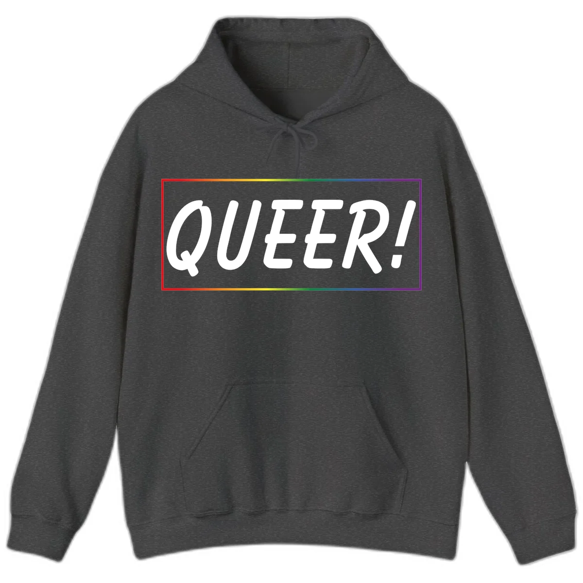 White bold text reading 'QUEER!' on gray background with rainbow gradient border representing pride colors in Dark Heather