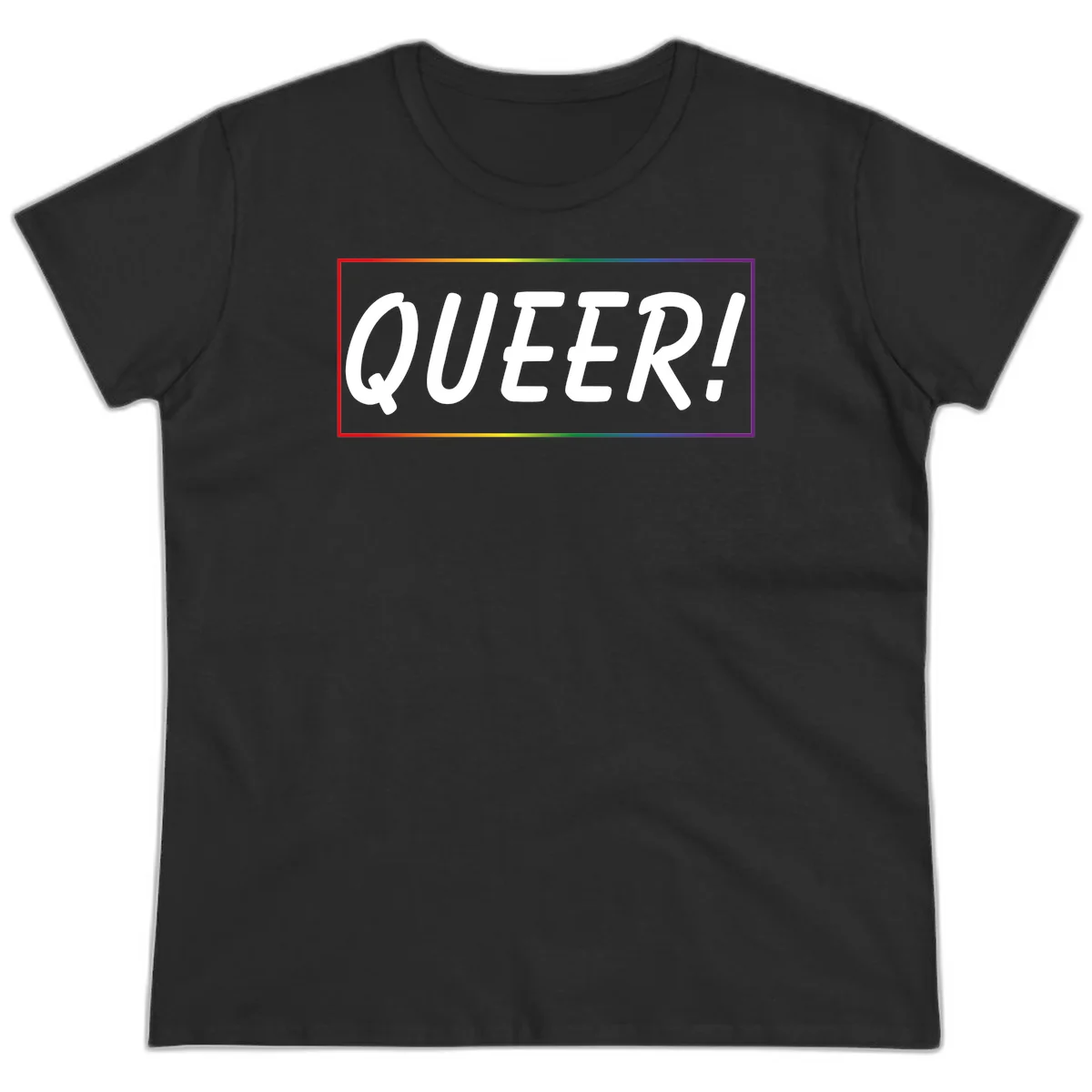 White bold text reading 'QUEER!' on gray background with rainbow gradient border representing pride colors in Black