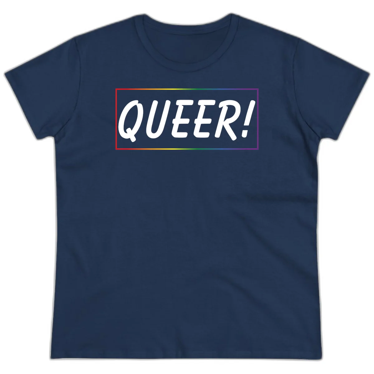 White bold text reading 'QUEER!' on gray background with rainbow gradient border representing pride colors in Navy