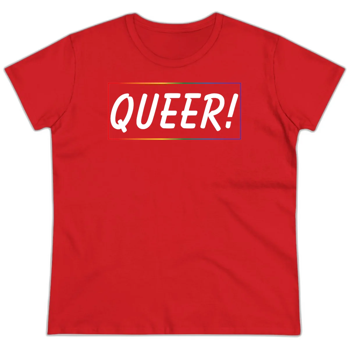 White bold text reading 'QUEER!' on gray background with rainbow gradient border representing pride colors in Red