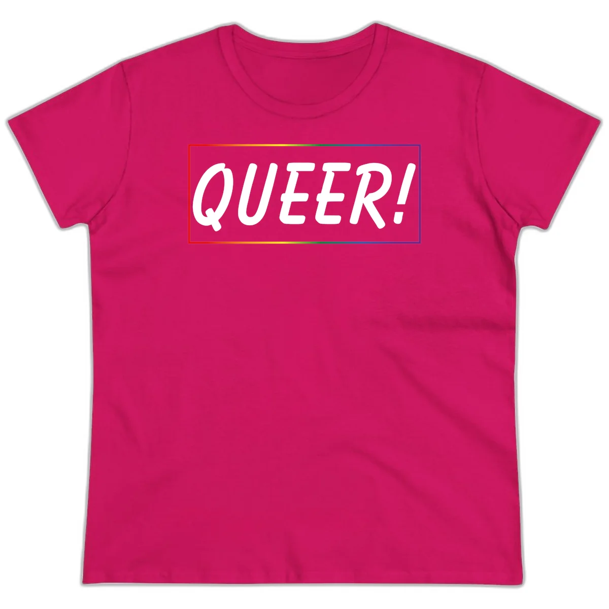 White bold text reading 'QUEER!' on gray background with rainbow gradient border representing pride colors in Heliconia