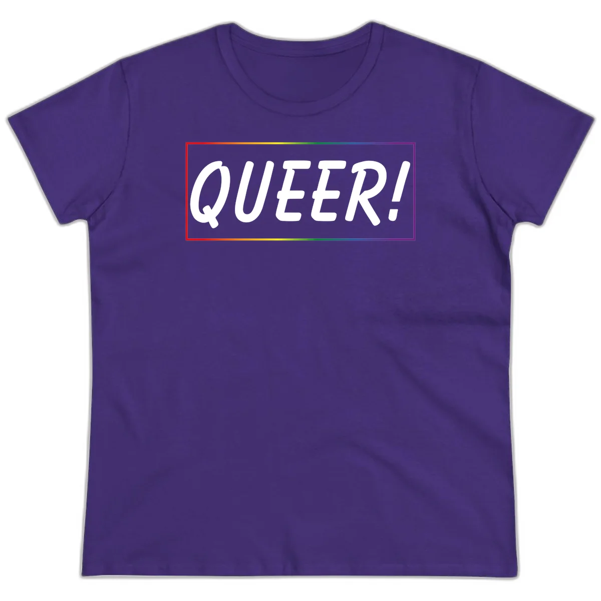 White bold text reading 'QUEER!' on gray background with rainbow gradient border representing pride colors in Purple