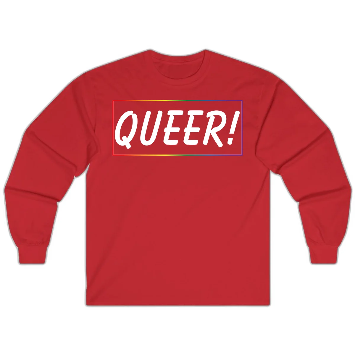 White bold text reading 'QUEER!' on gray background with rainbow gradient border representing pride colors in Red