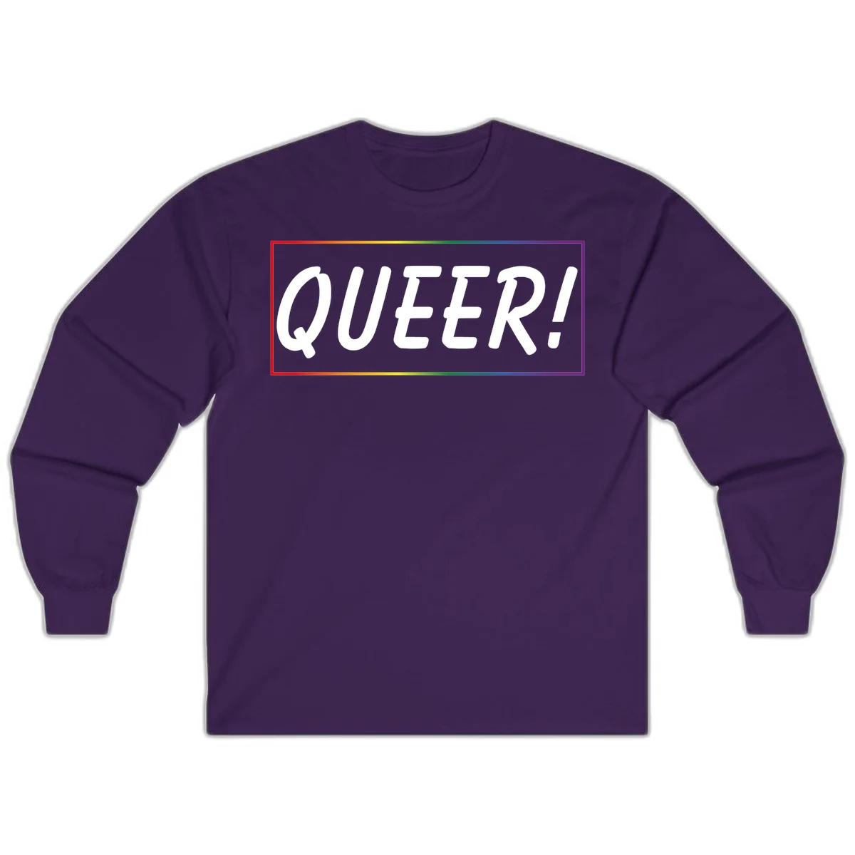 White bold text reading 'QUEER!' on gray background with rainbow gradient border representing pride colors in Purple