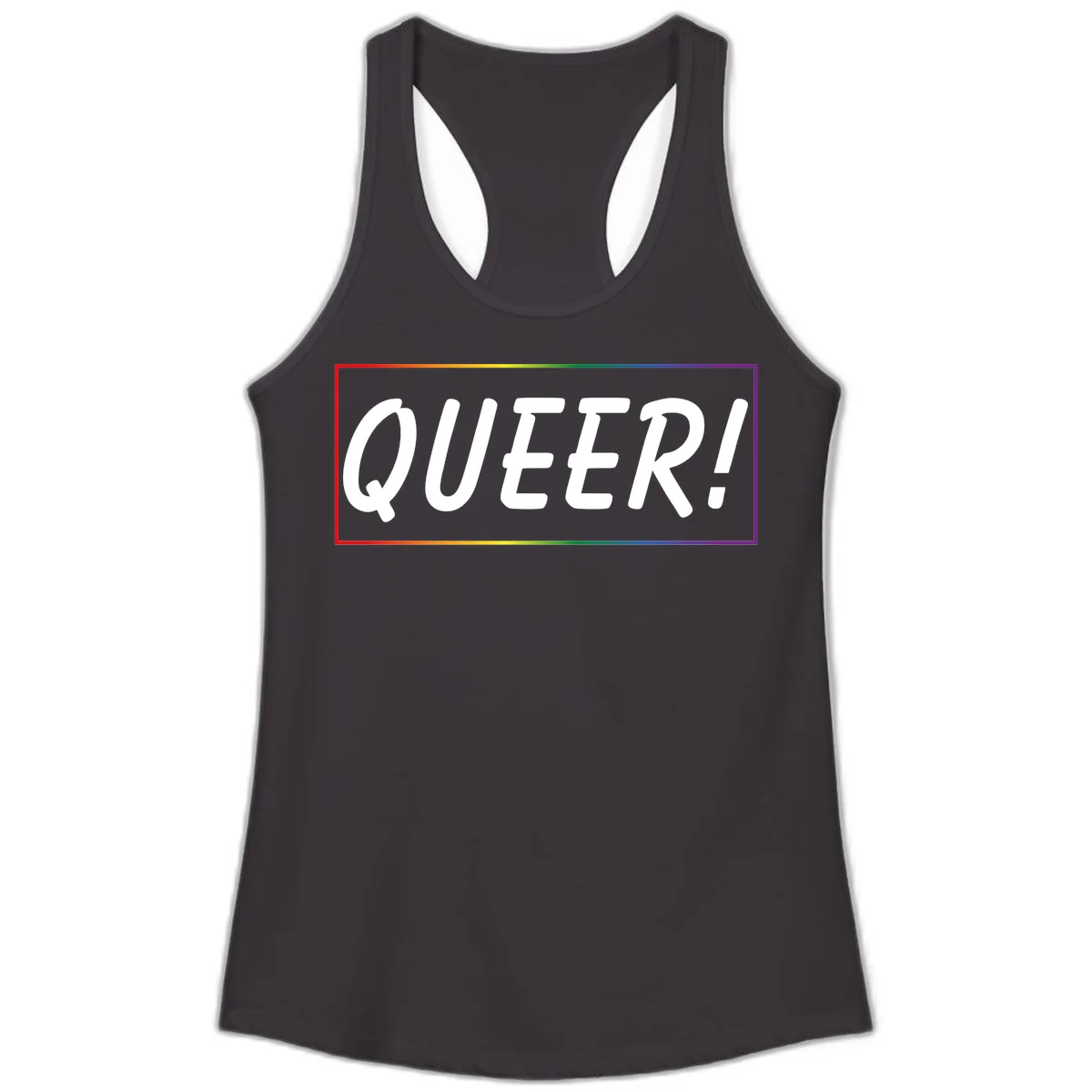 White bold text reading 'QUEER!' on gray background with rainbow gradient border representing pride colors in Black