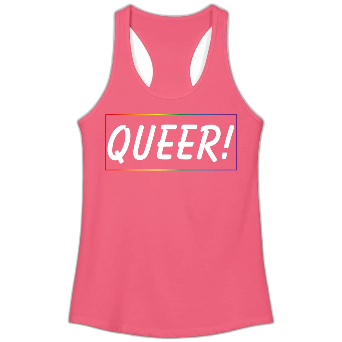White bold text reading 'QUEER!' on gray background with rainbow gradient border representing pride colors in Hot Pink