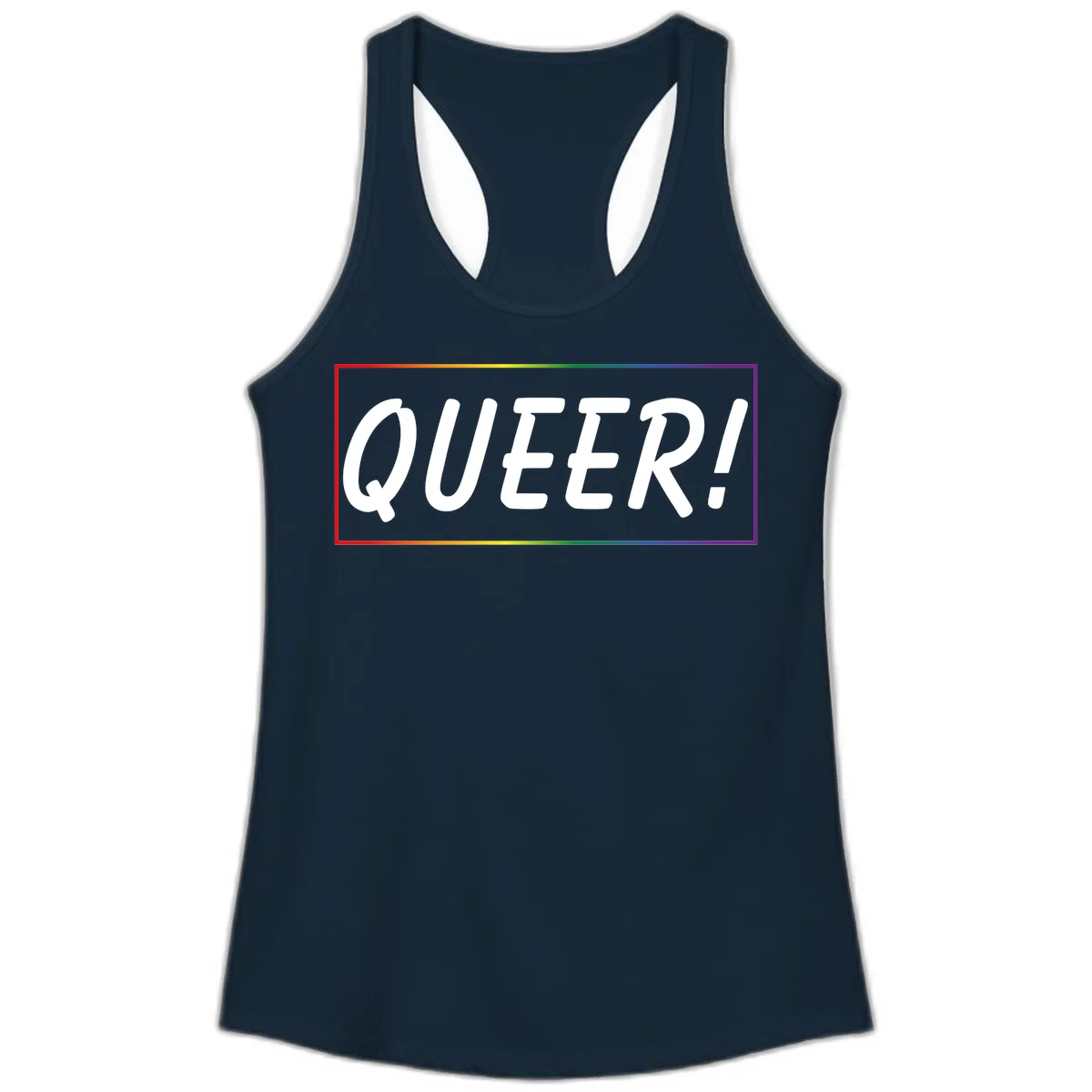 White bold text reading 'QUEER!' on gray background with rainbow gradient border representing pride colors in Solid Midnight Navy