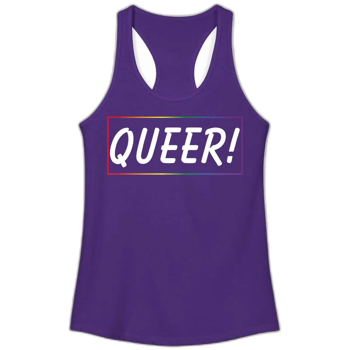 White bold text reading 'QUEER!' on gray background with rainbow gradient border representing pride colors in Solid Purple Rush