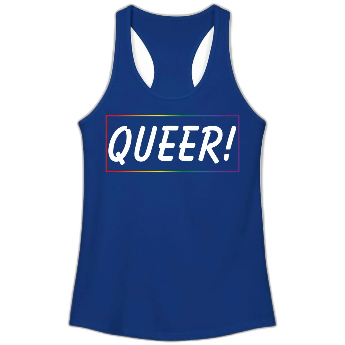 White bold text reading 'QUEER!' on gray background with rainbow gradient border representing pride colors in Solid Royal