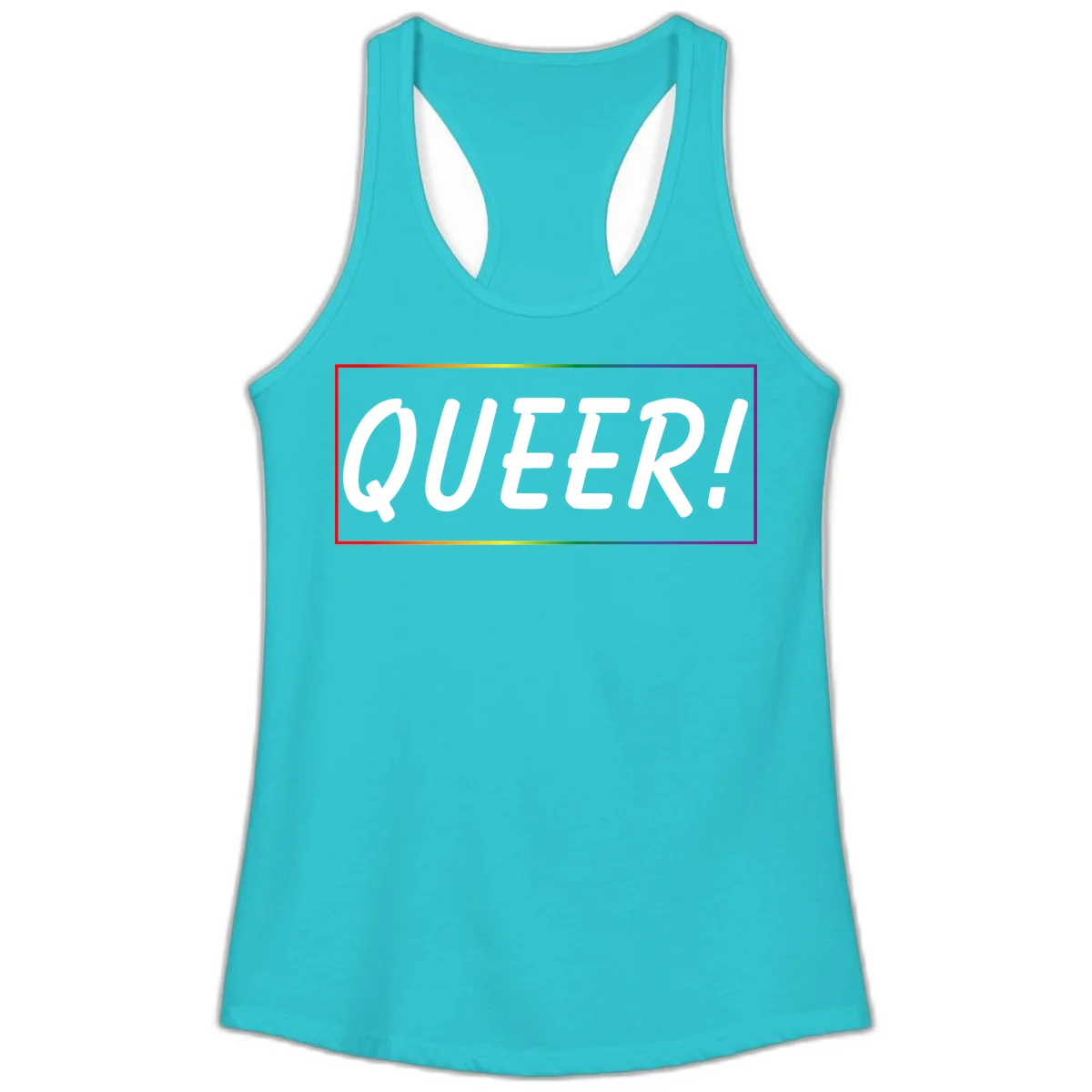 White bold text reading 'QUEER!' on gray background with rainbow gradient border representing pride colors in Solid Tahiti Blue