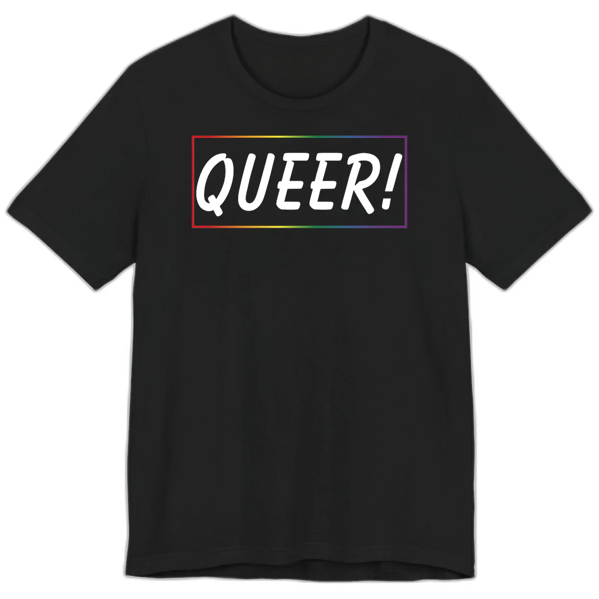 White bold text reading 'QUEER!' on gray background with rainbow gradient border representing pride colors in Black
