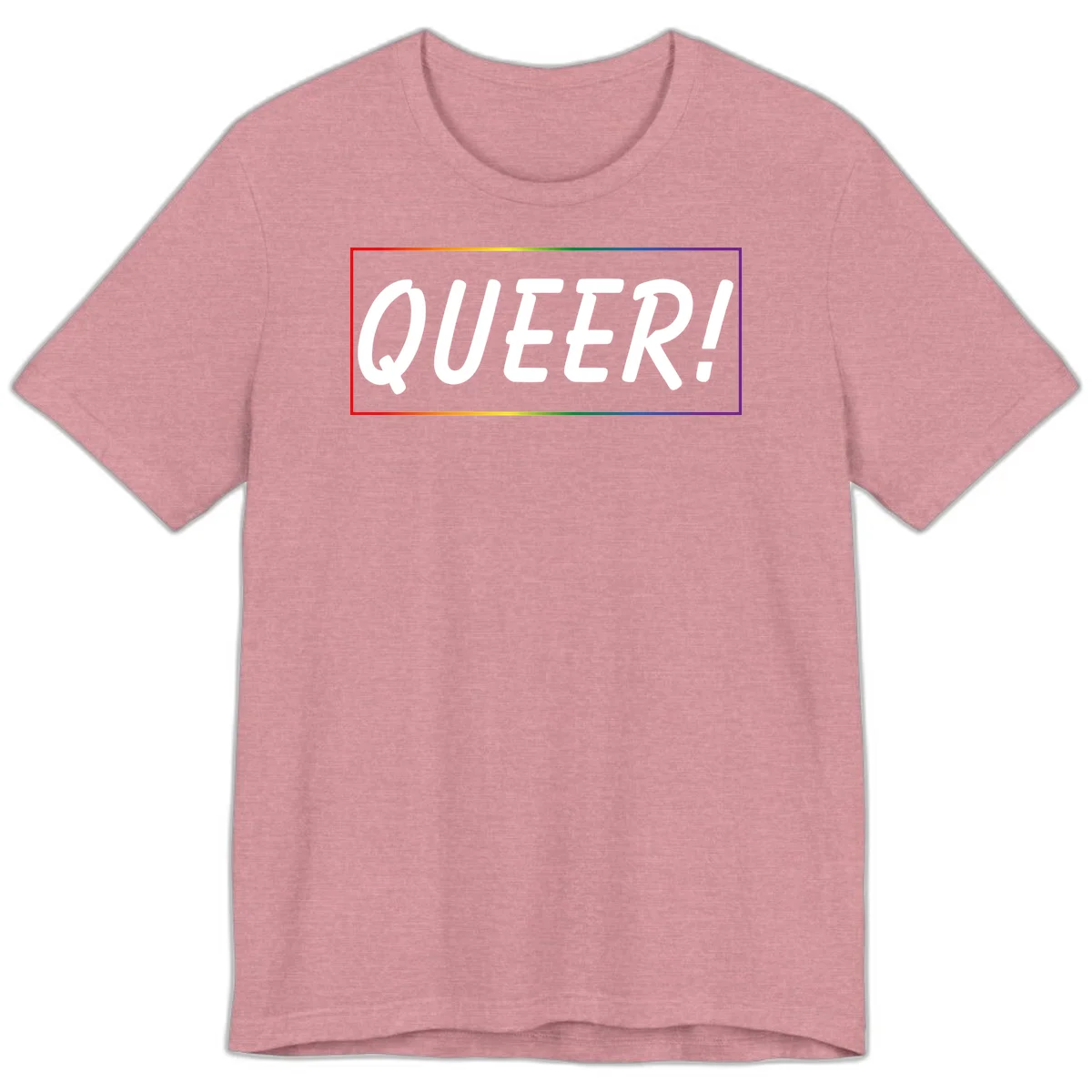 White bold text reading 'QUEER!' on gray background with rainbow gradient border representing pride colors in Heather Orchid
