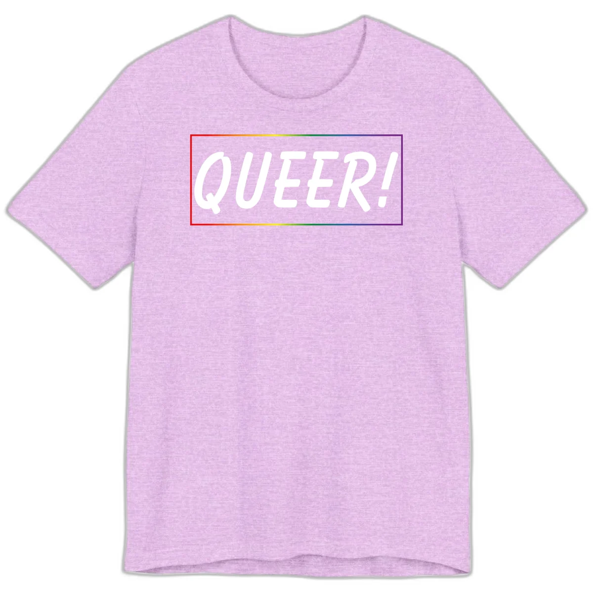 White bold text reading 'QUEER!' on gray background with rainbow gradient border representing pride colors in Heather Prism Lilac