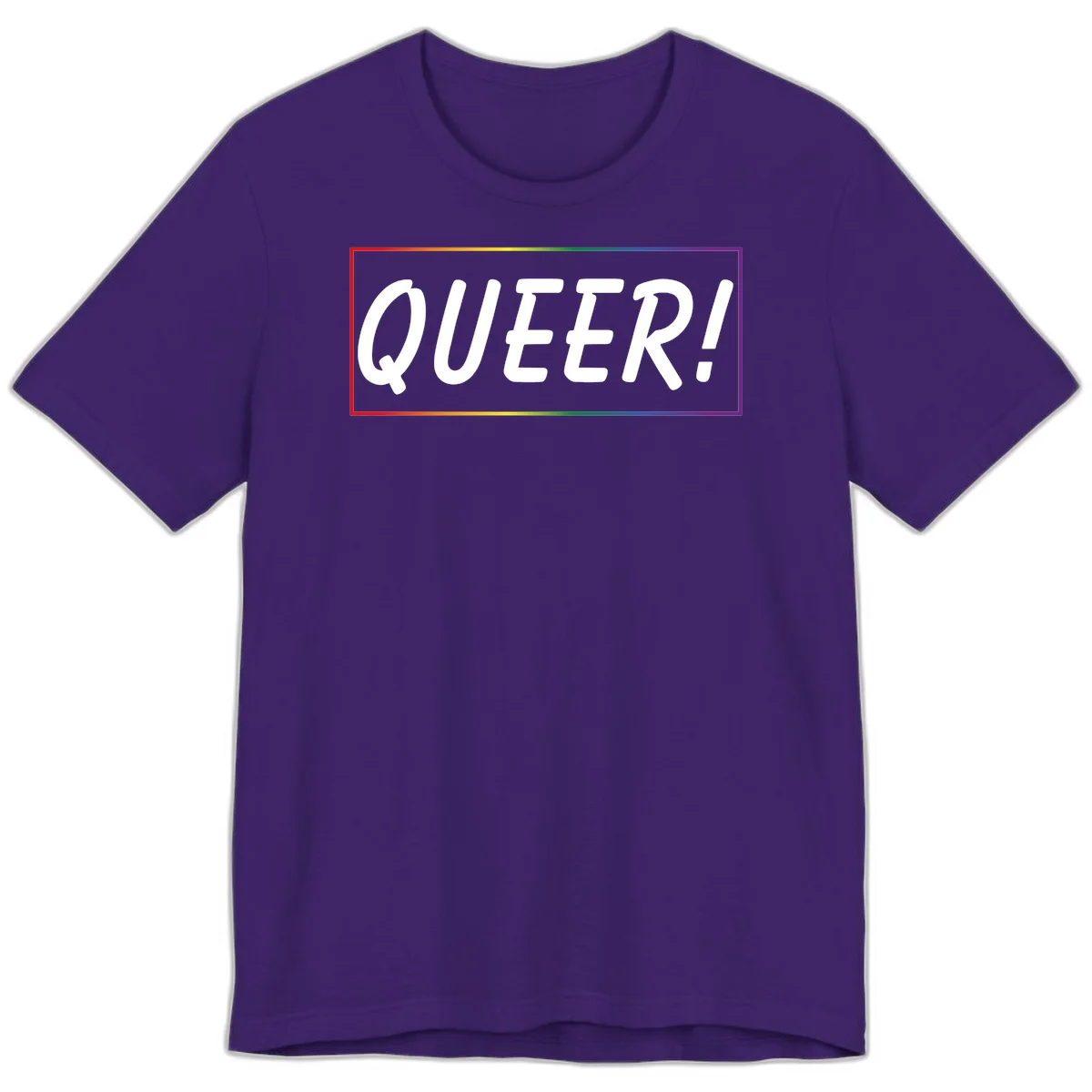 White bold text reading 'QUEER!' on gray background with rainbow gradient border representing pride colors in Team Purple