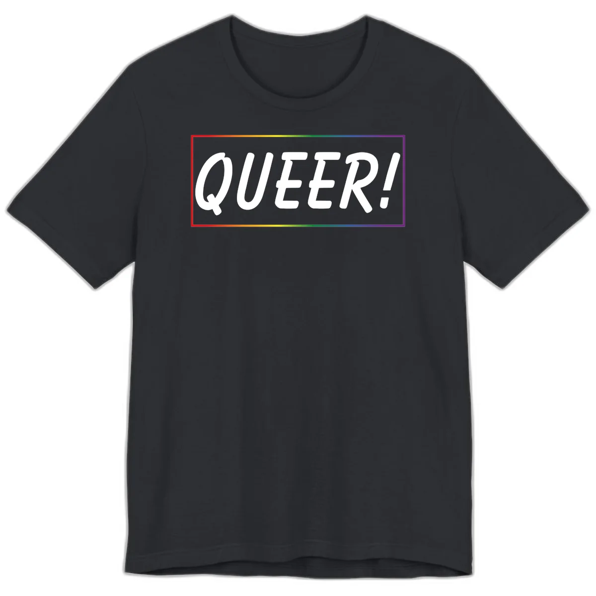 White bold text reading 'QUEER!' on gray background with rainbow gradient border representing pride colors in Vintage Black