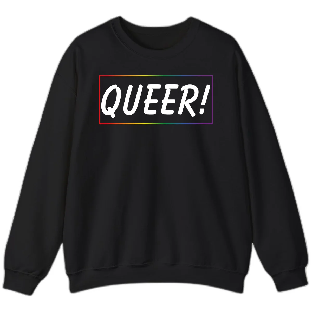 White bold text reading 'QUEER!' on gray background with rainbow gradient border representing pride colors in Black