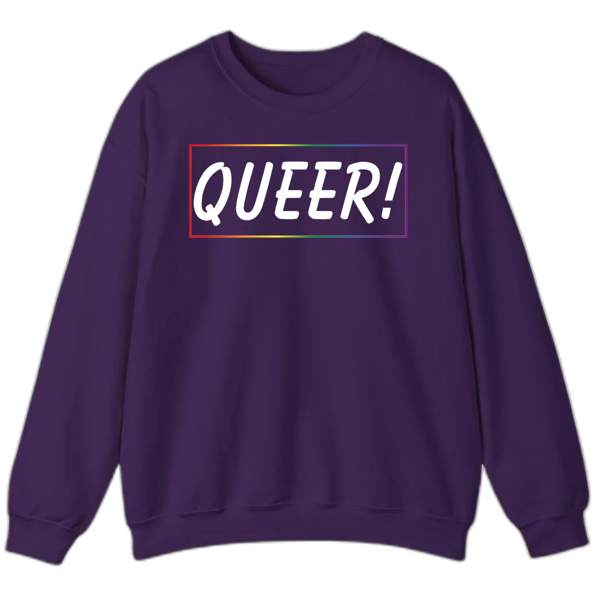 White bold text reading 'QUEER!' on gray background with rainbow gradient border representing pride colors in Purple