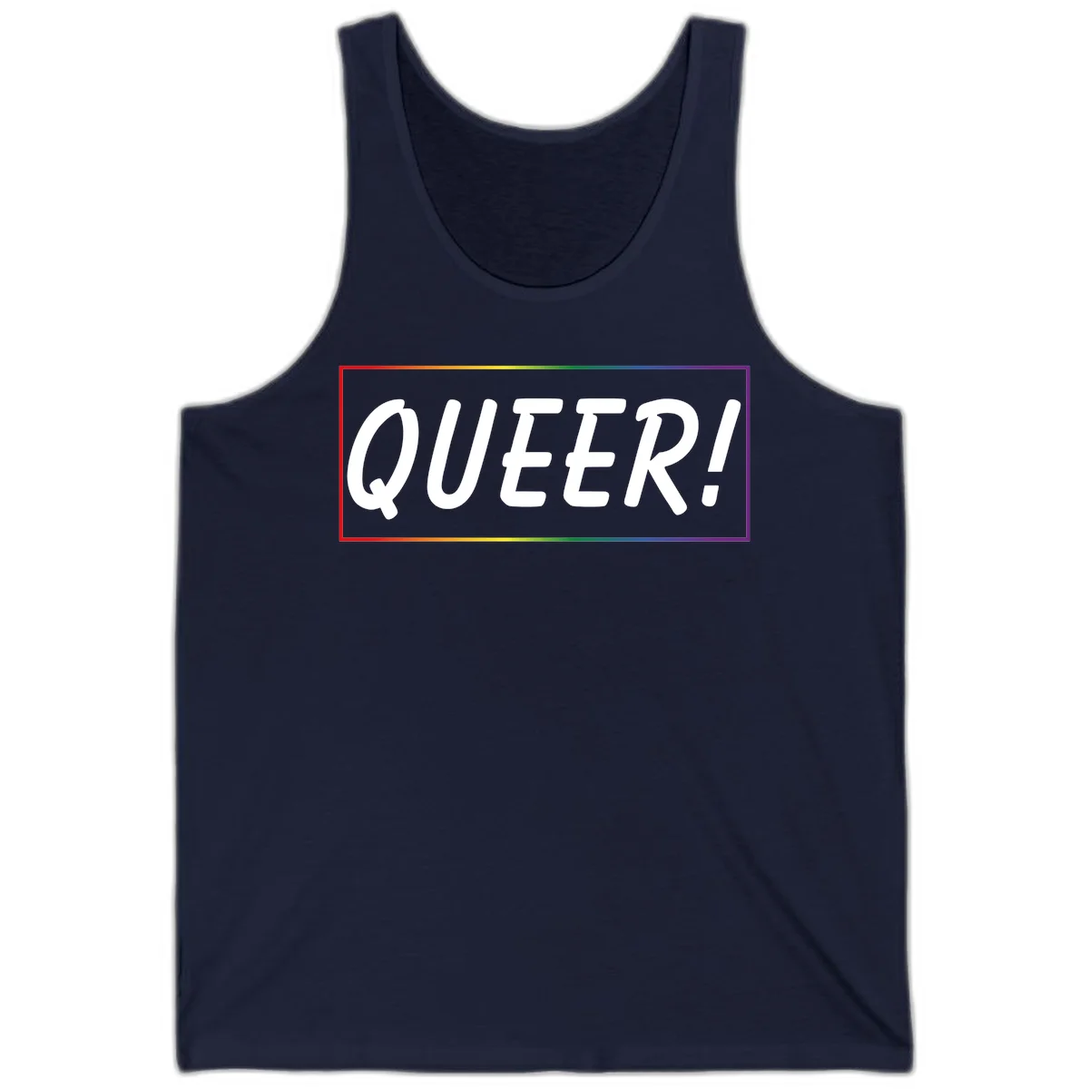 White bold text reading 'QUEER!' on gray background with rainbow gradient border representing pride colors in Navy