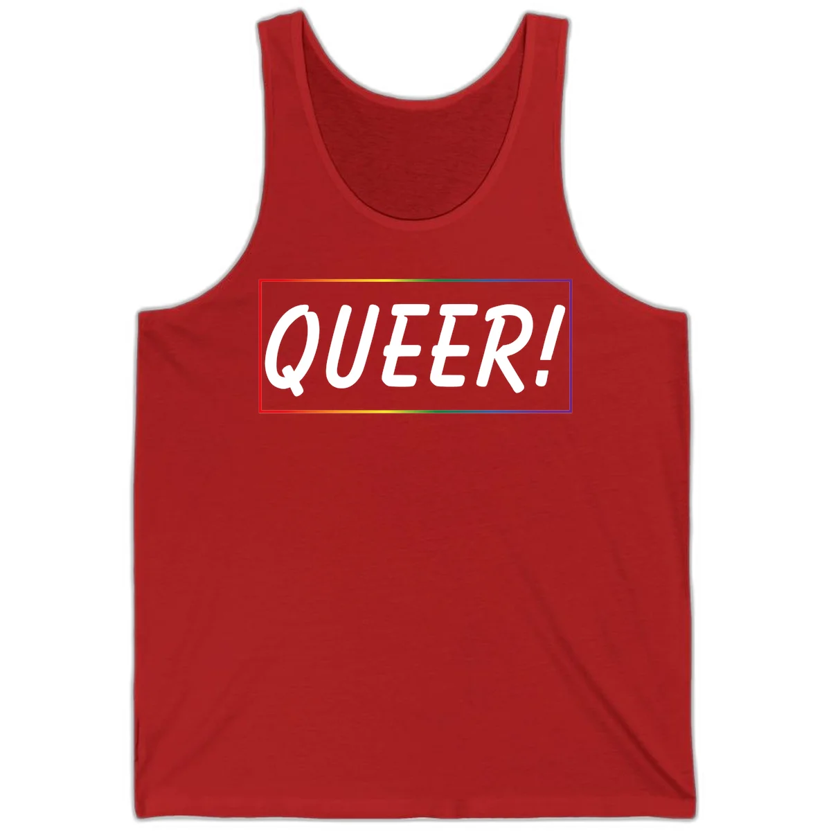 White bold text reading 'QUEER!' on gray background with rainbow gradient border representing pride colors in Red