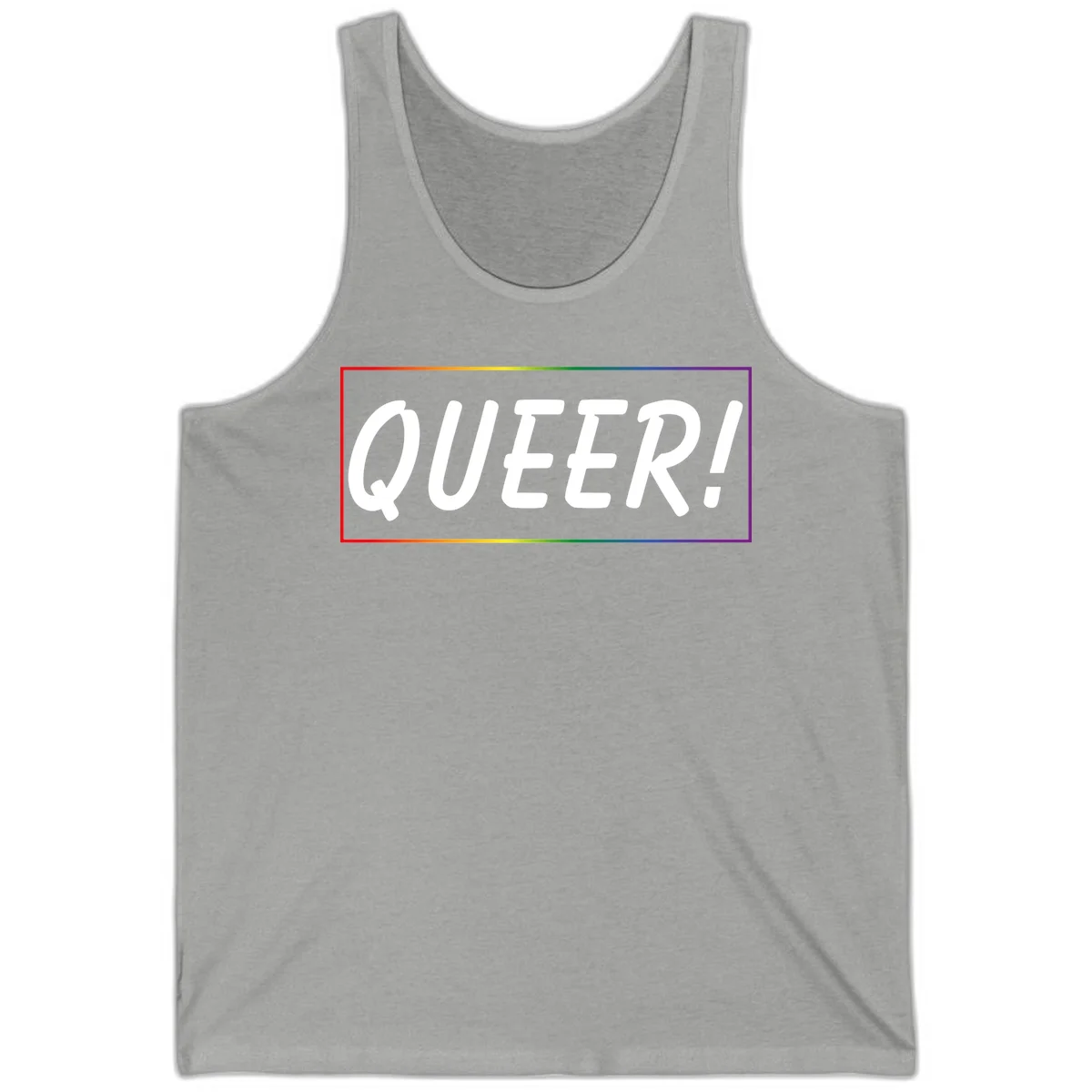 White bold text reading 'QUEER!' on gray background with rainbow gradient border representing pride colors in Athletic Heather