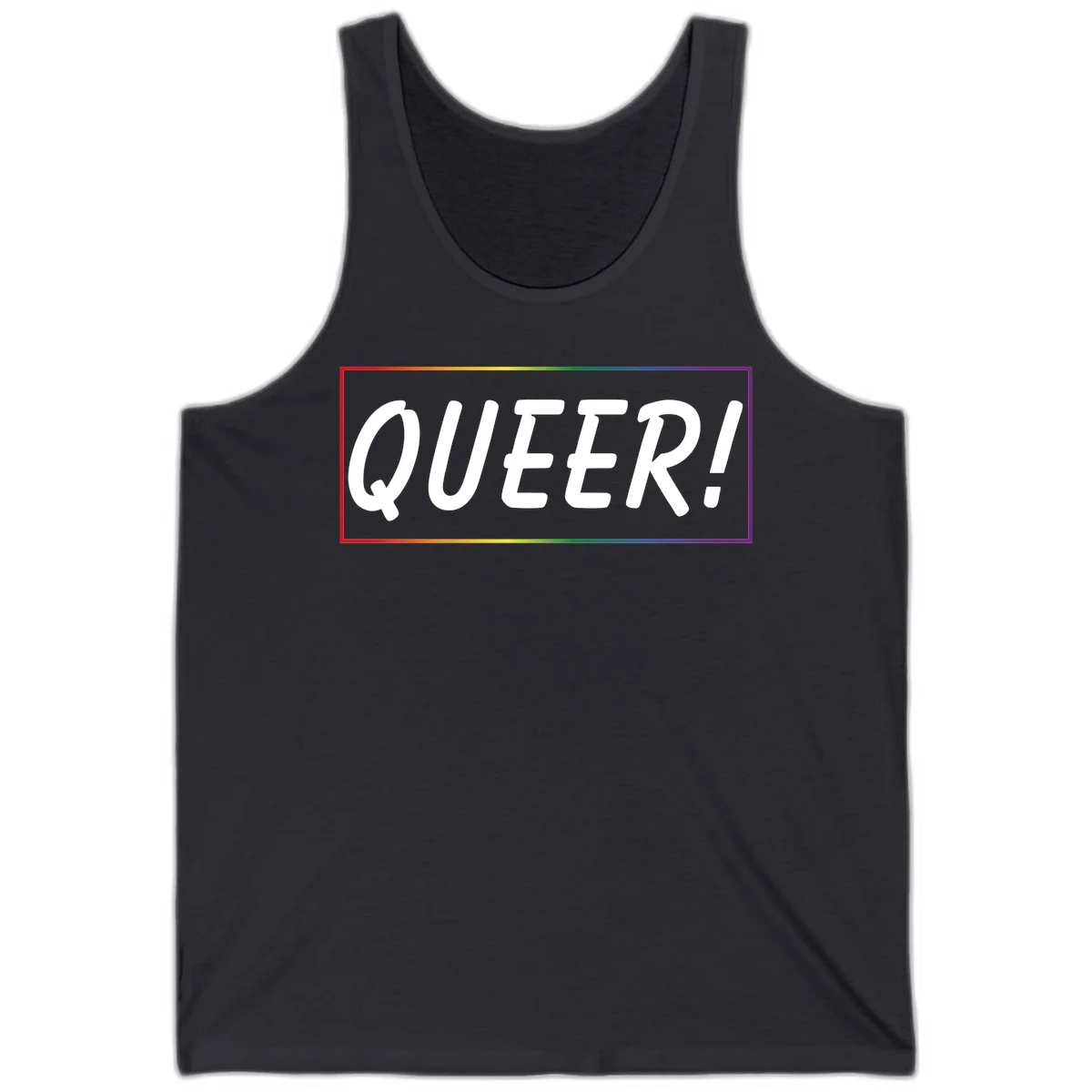 White bold text reading 'QUEER!' on gray background with rainbow gradient border representing pride colors in Dark Grey