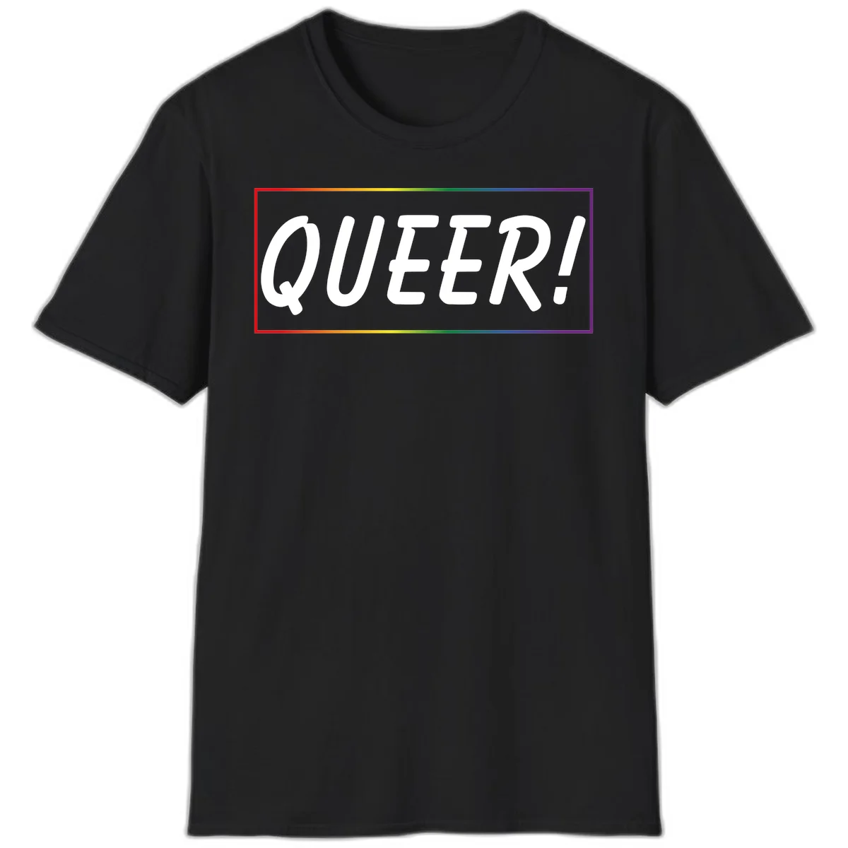 White bold text reading 'QUEER!' on gray background with rainbow gradient border representing pride colors in Black