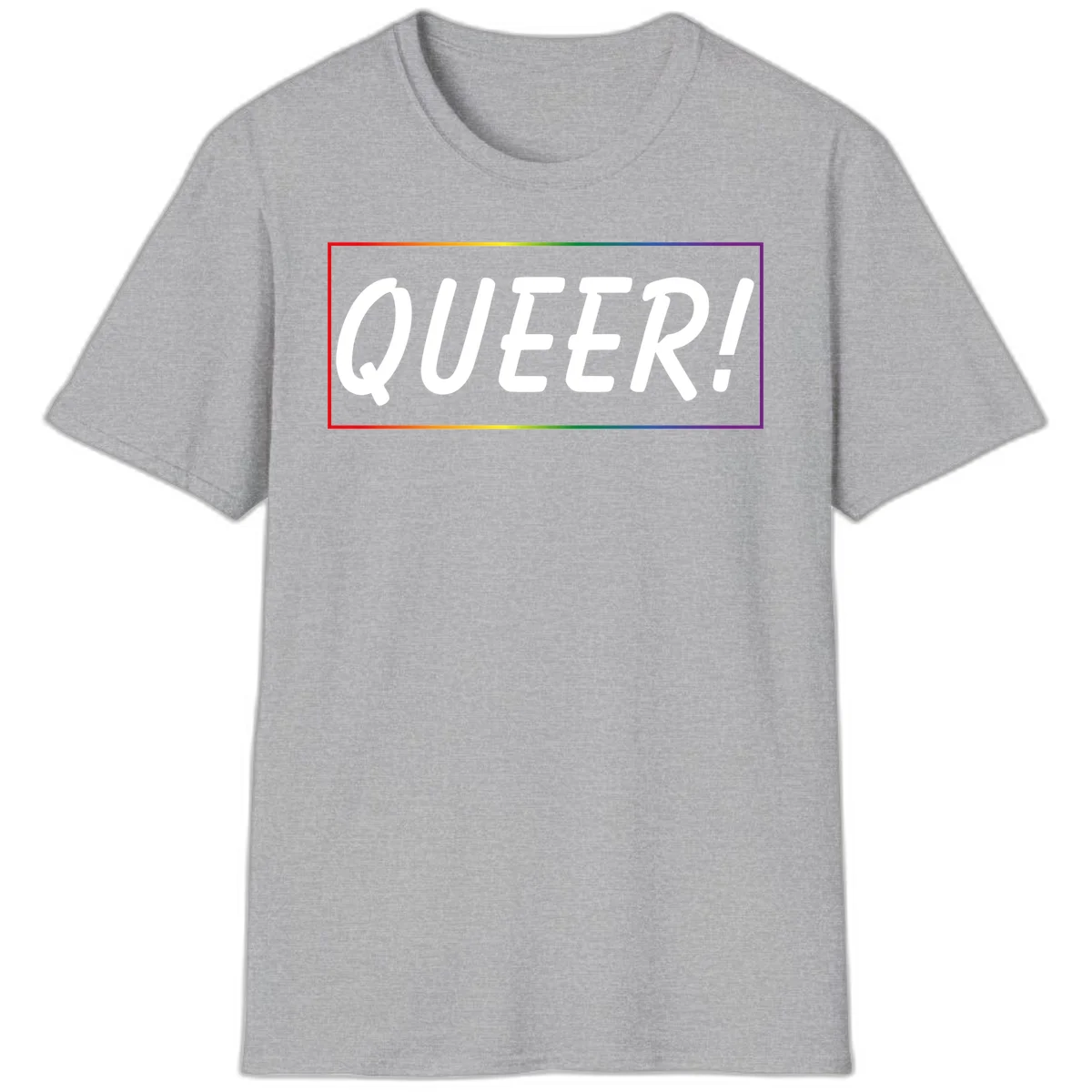 White bold text reading 'QUEER!' on gray background with rainbow gradient border representing pride colors in Sport Grey
