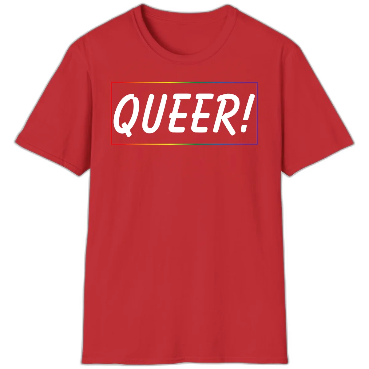 White bold text reading 'QUEER!' on gray background with rainbow gradient border representing pride colors in Red