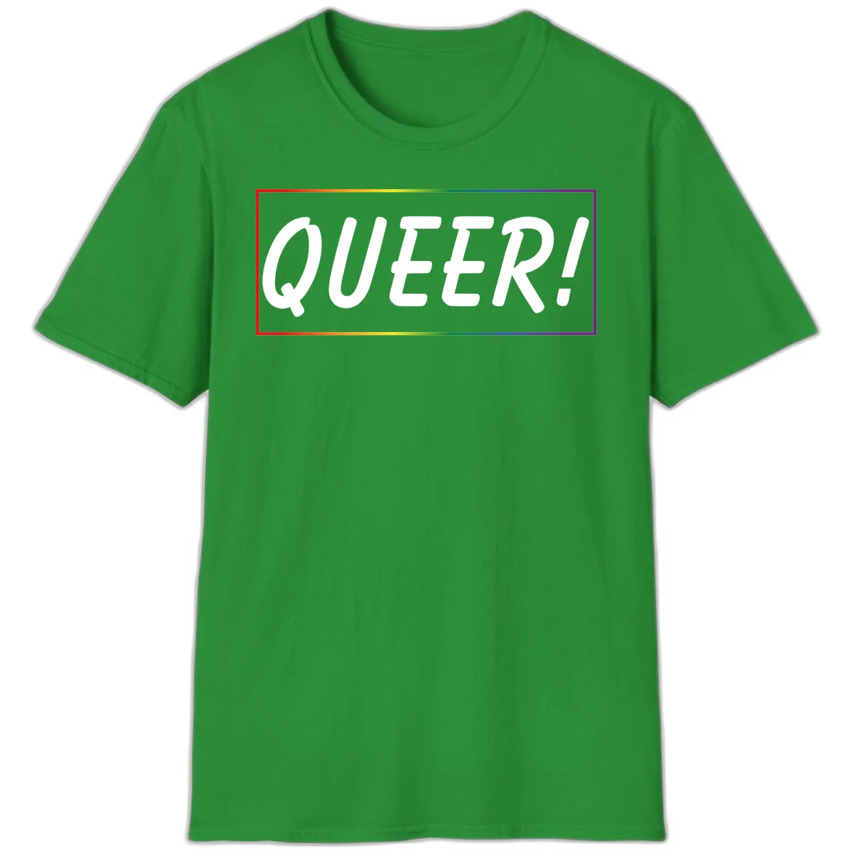 White bold text reading 'QUEER!' on gray background with rainbow gradient border representing pride colors in Irish Green